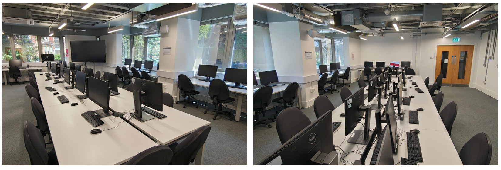 images showing the teaching spaces 1.03 with desks and chairs and a large screen.